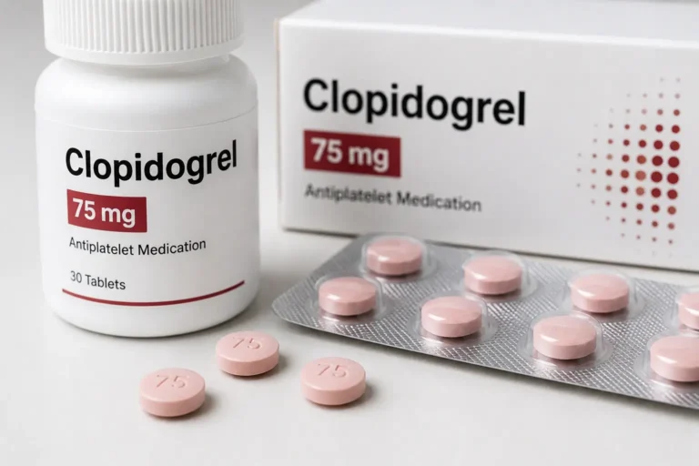 Clopidogrel 75 mg antiplatelet medication tablets in a blister pack and bottle
