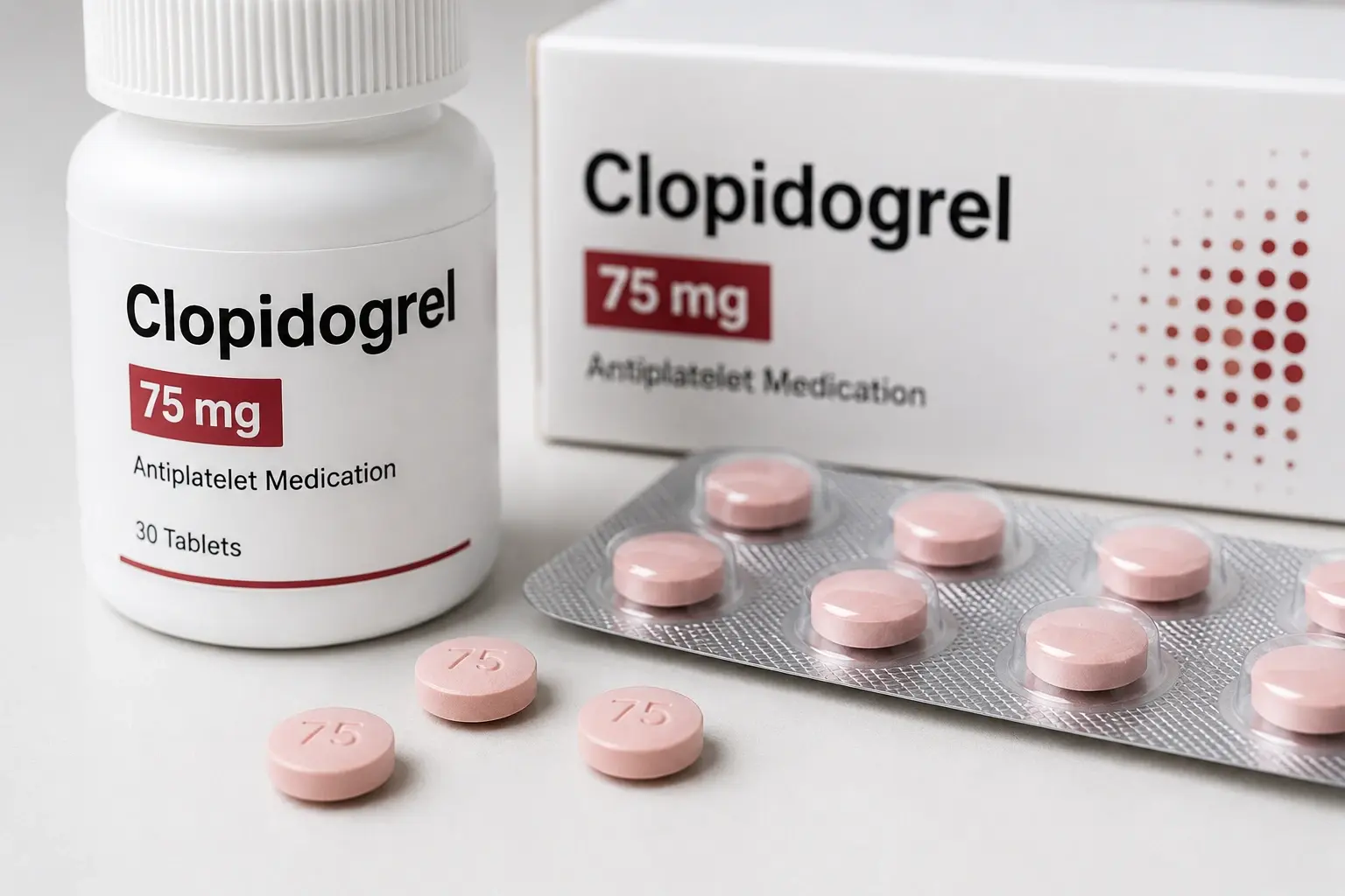 Clopidogrel 75 mg antiplatelet medication tablets in a blister pack and bottle