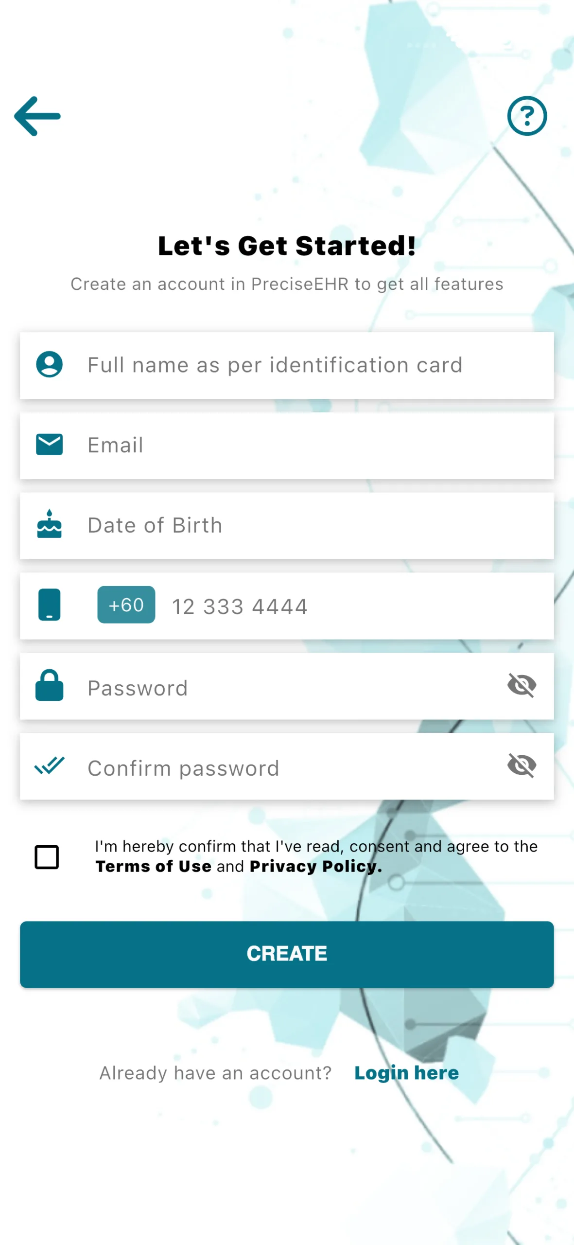 PreciseEHR Sign-Up Screen
